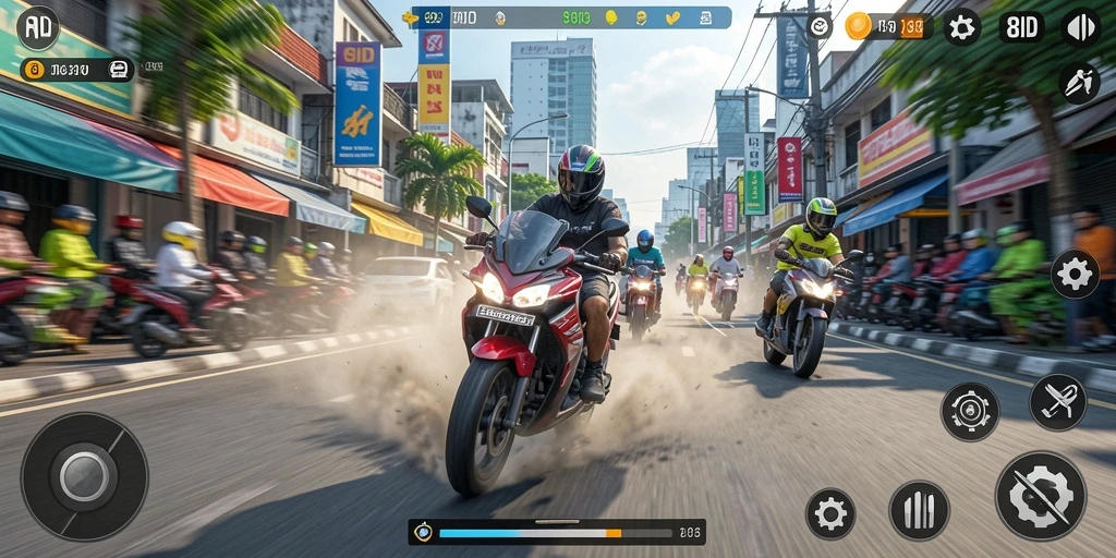 Tampilan gameplay 8ID dengan balapan motor yang seru dan menegangkan.