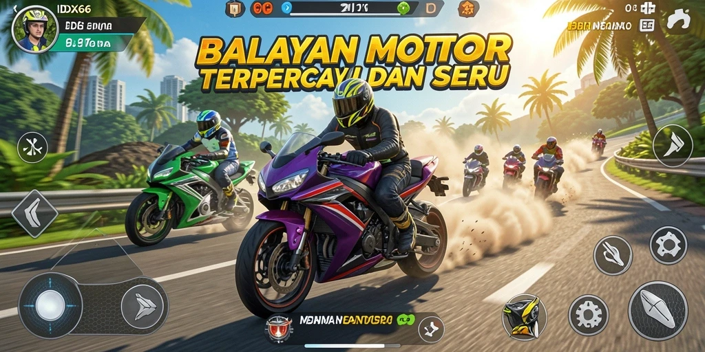 Tampilan gameplay aksi balapan motor yang mendebarkan di IDX66.
