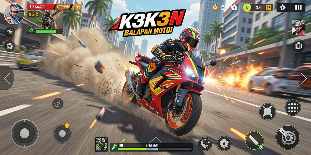 Tampilan gameplay K3K3 dengan motor balap yang cepat dan lintasan yang menarik.