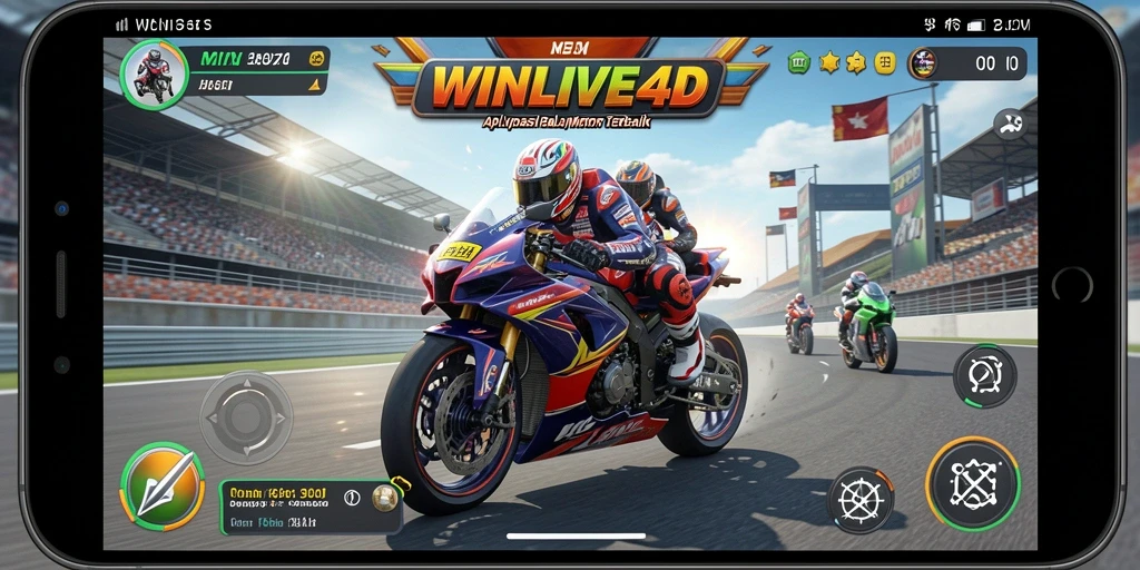 Tampilan gameplay seru di WINLIVE4D dengan balapan motor yang dramatis.